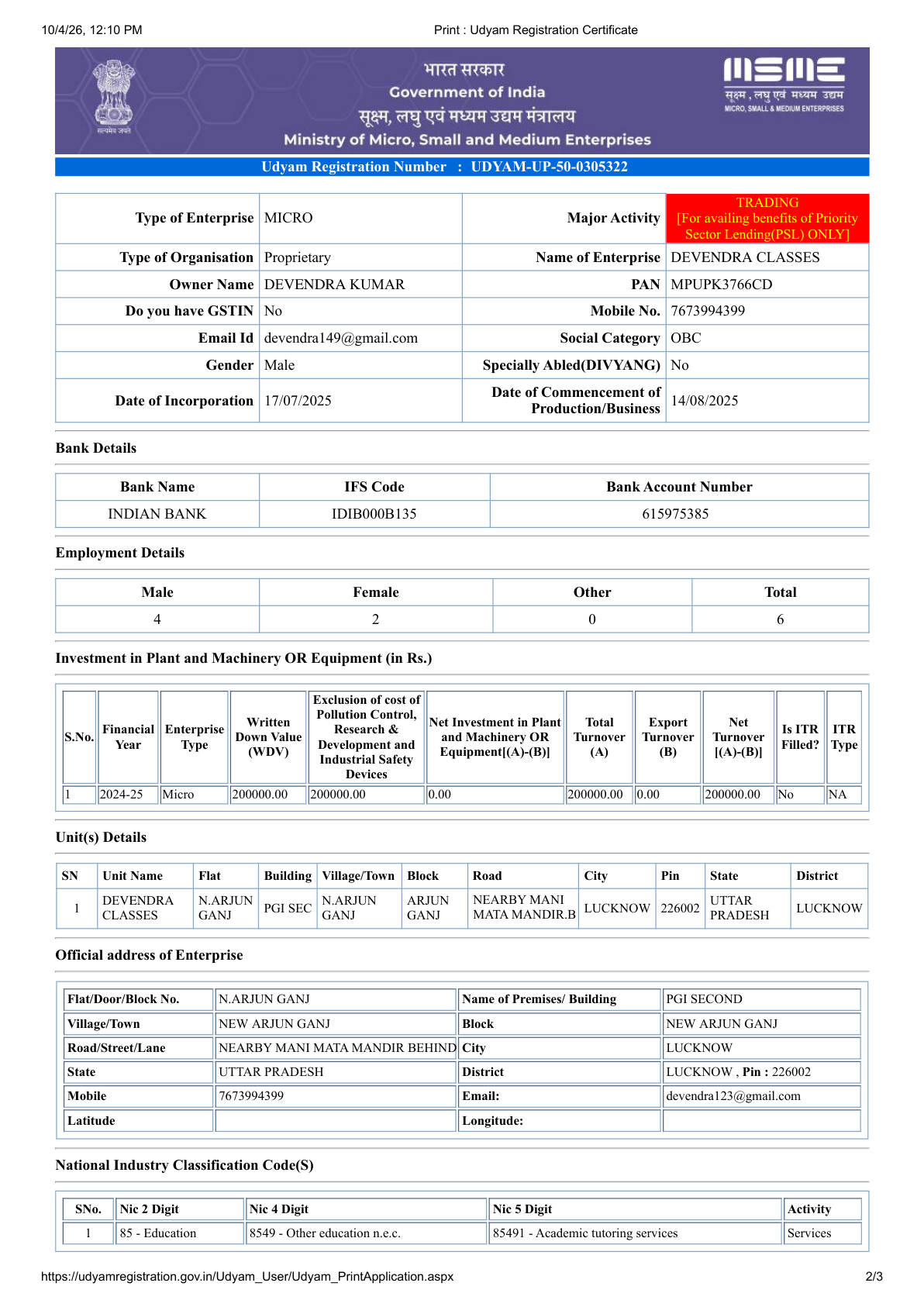 Udyam Registration Certificate page 2